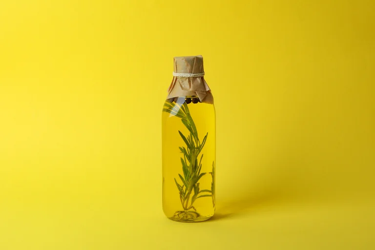 zdrowy olej w butelce na żółtym tle